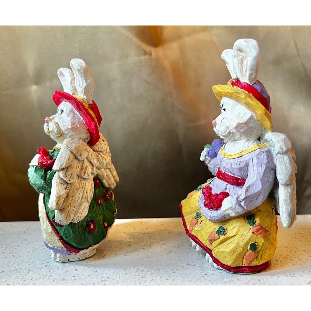 Two Bunny Garden Angel Figurines With Hats & Dresses Hand-Painted Decor - Picture 4 of 12